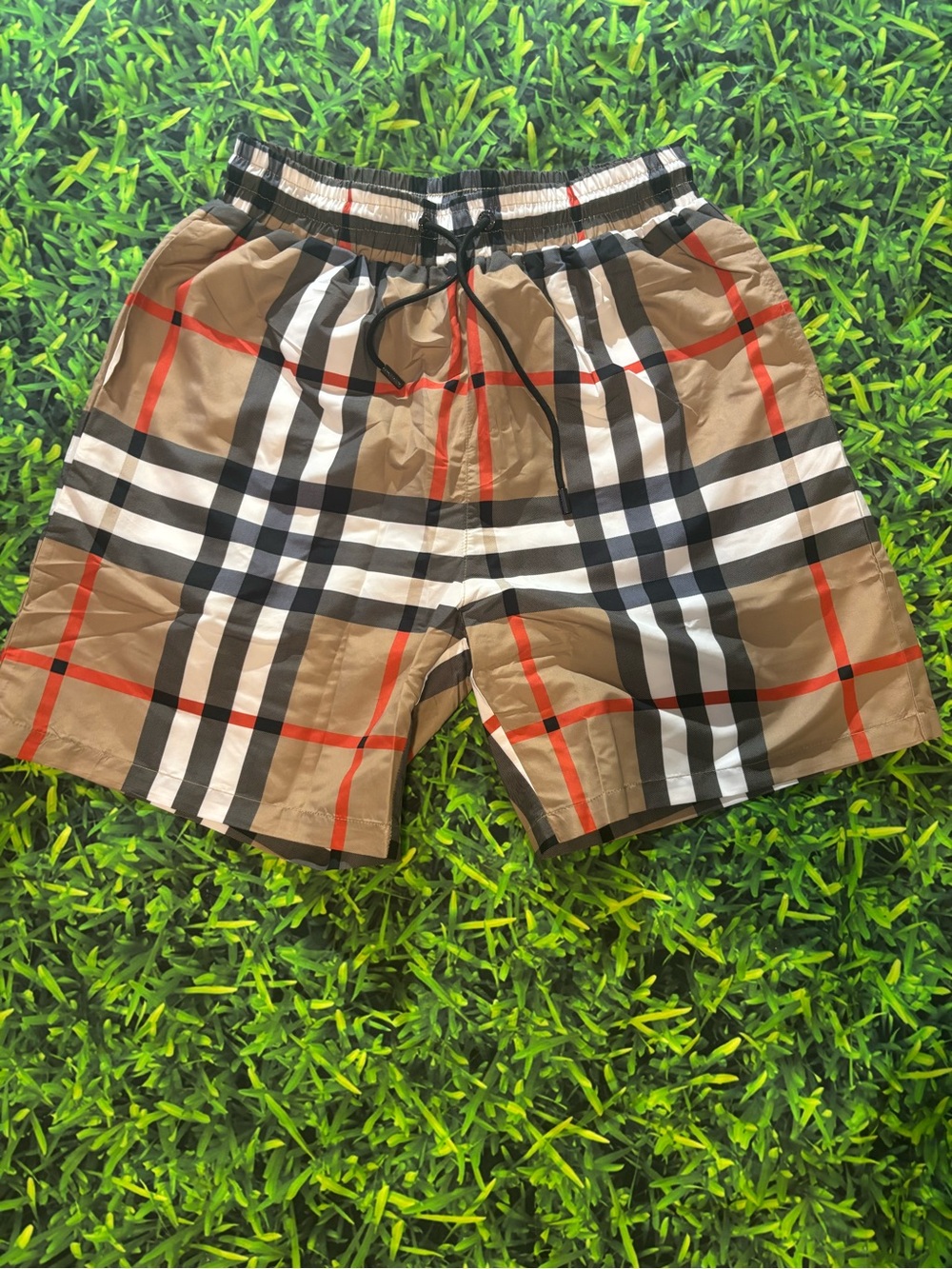 Burberry Plaid Shorts in Tan, Black & Red